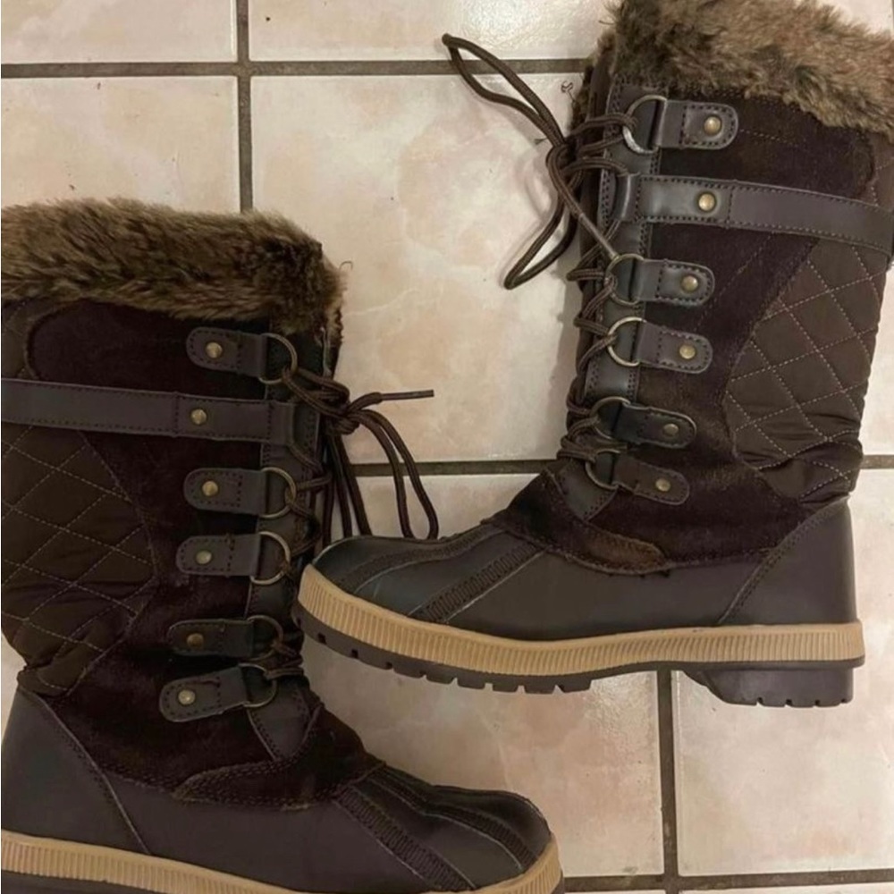 Denver brown faux fur mid calf winter duck boots by Weathermates, size 7